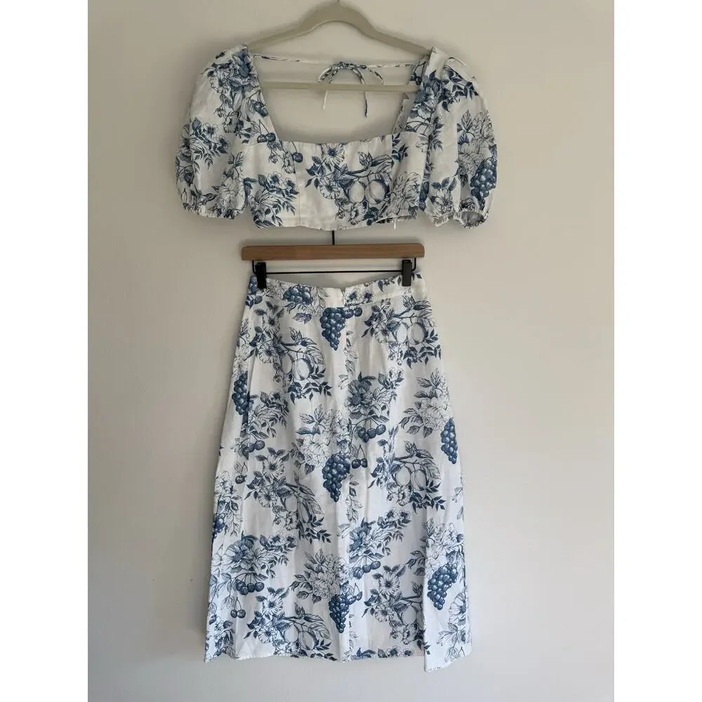 Reformation Jonas Linen 2 Piece Skirt Top Floral Sz 6 Blue White Set Resort